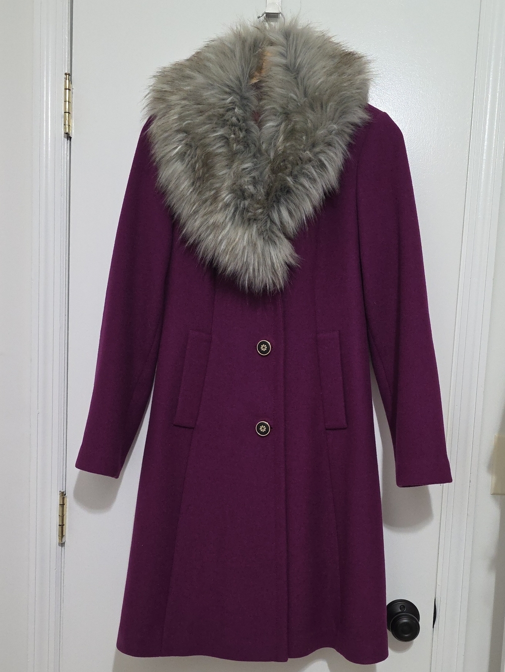 Kate Spade Plum Purple Wool Coat Faux Fur Collar Size S